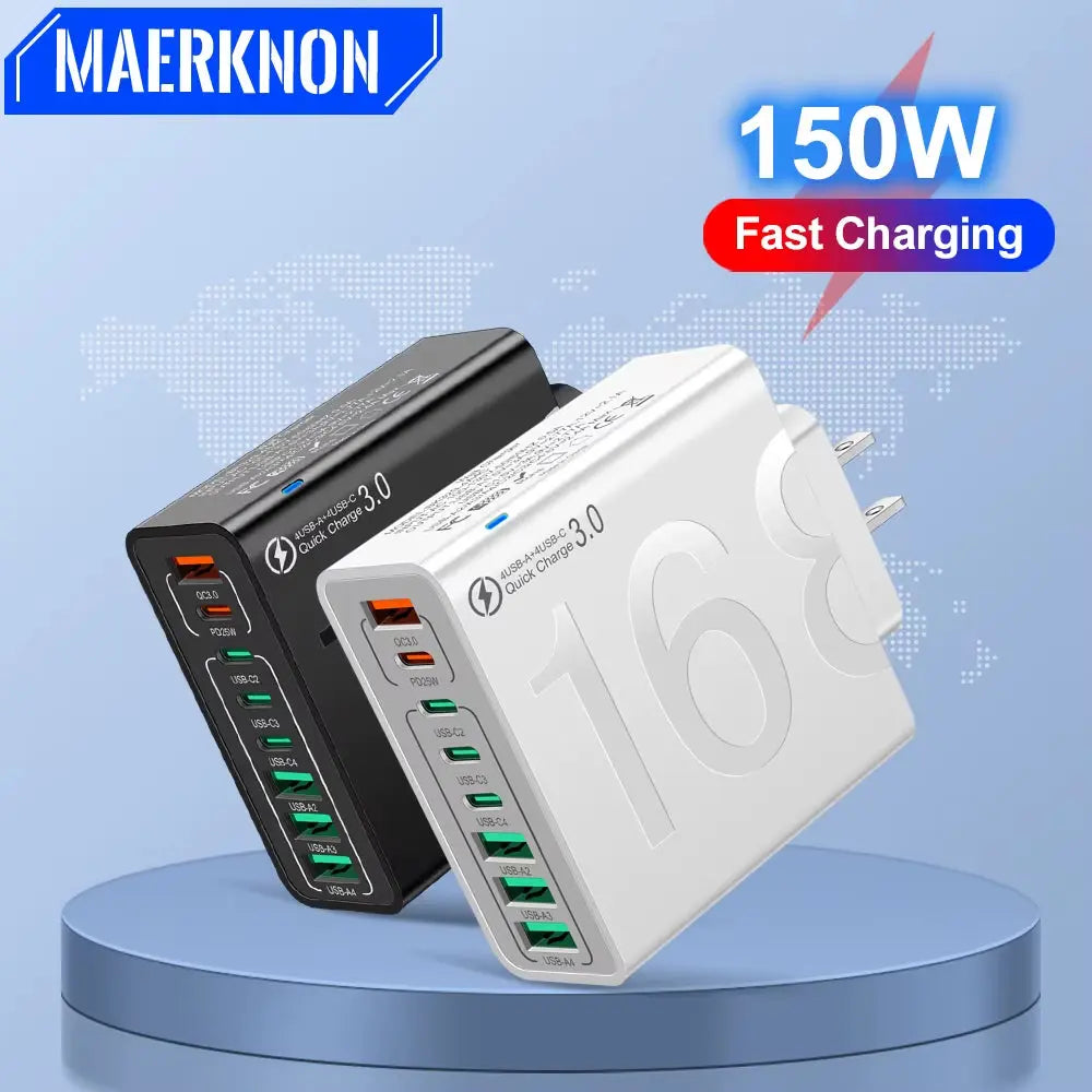 150W Fast Charging Multi-Port USB Wall Adapter - Universal Travel Charger for Xiaomi, iPhone, Samsung, Huawei (EU/US/KR Plug)