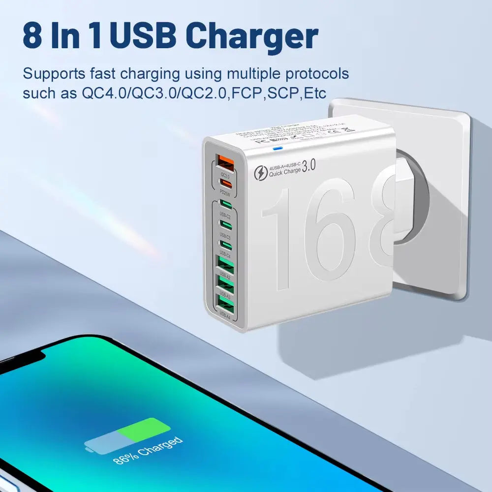150W Fast Charging Multi-Port USB Wall Adapter - Universal Travel Charger for Xiaomi, iPhone, Samsung, Huawei (EU/US/KR Plug)