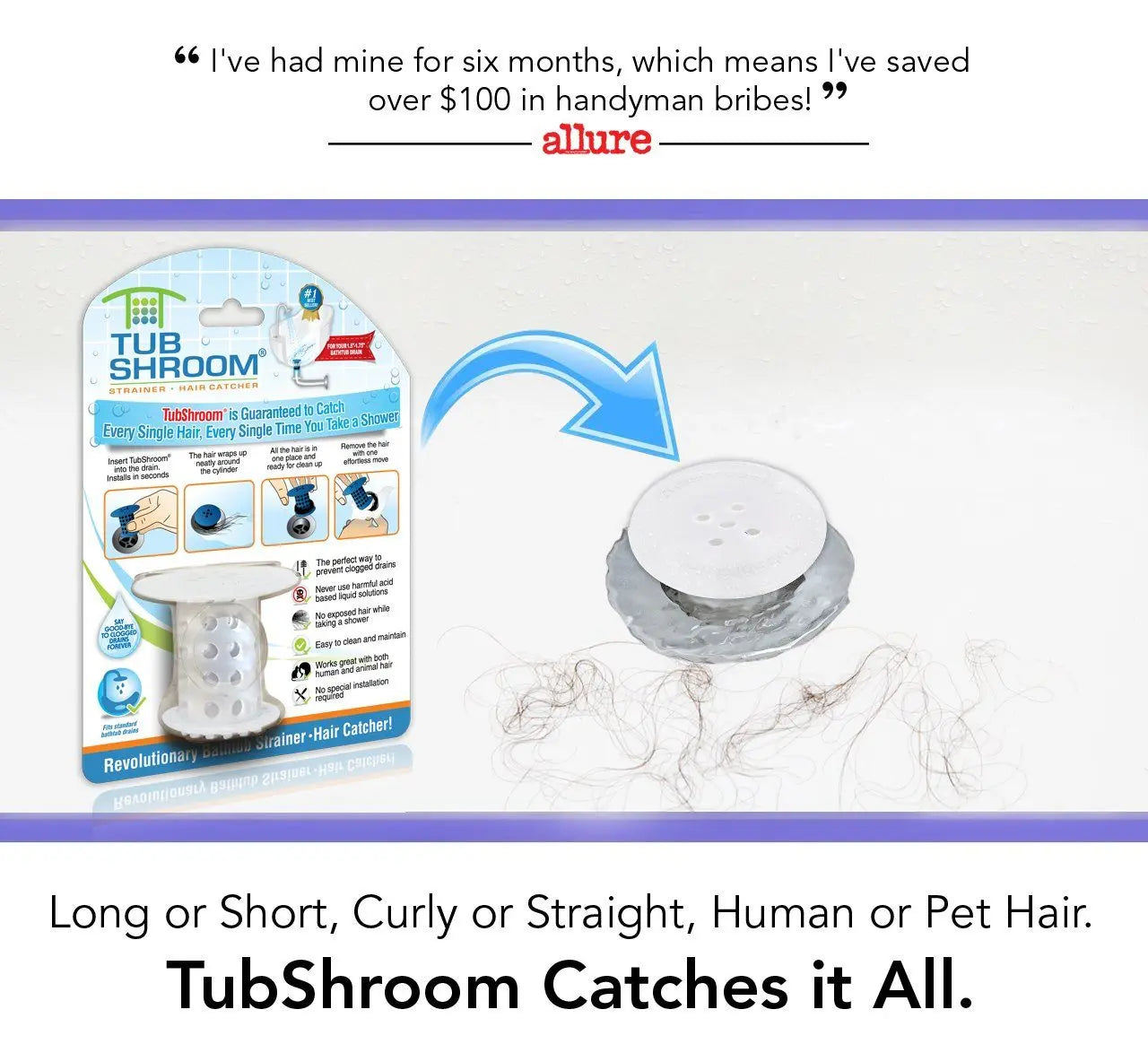 TubShroom (Clear) The Hair Catcher That Prevents Clogged Tub Drains-4