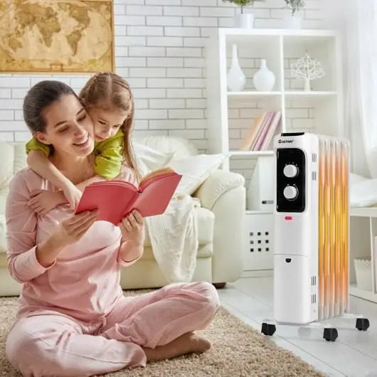 1500W Oil Filled Portable Radiator Space Heater with Adjustable Thermostat-White-1