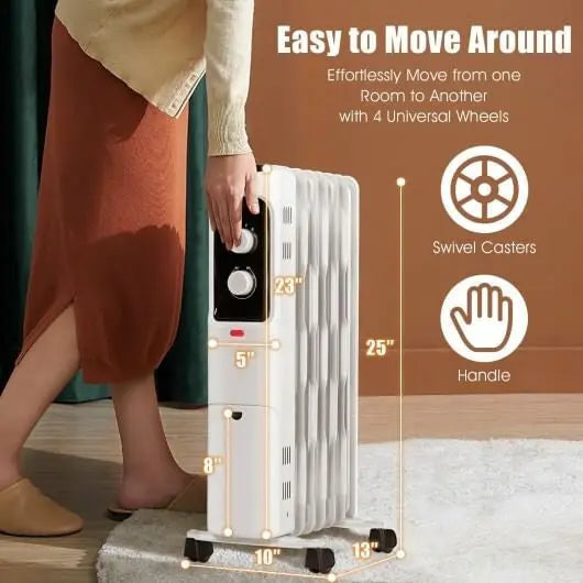 1500W Oil Filled Portable Radiator Space Heater with Adjustable Thermostat-White-3