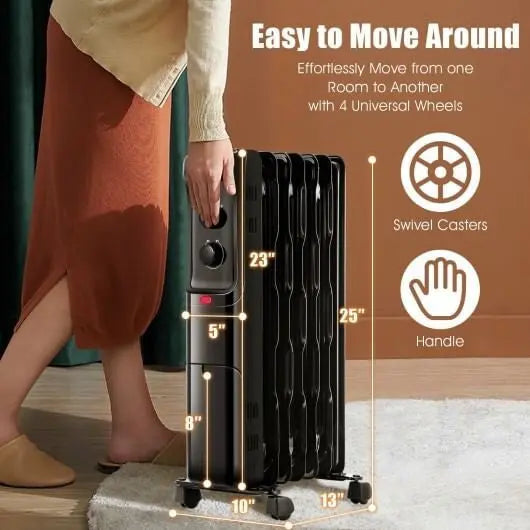 1500W Oil Filled Portable Radiator Space Heater with Adjustable Thermostat-White-8