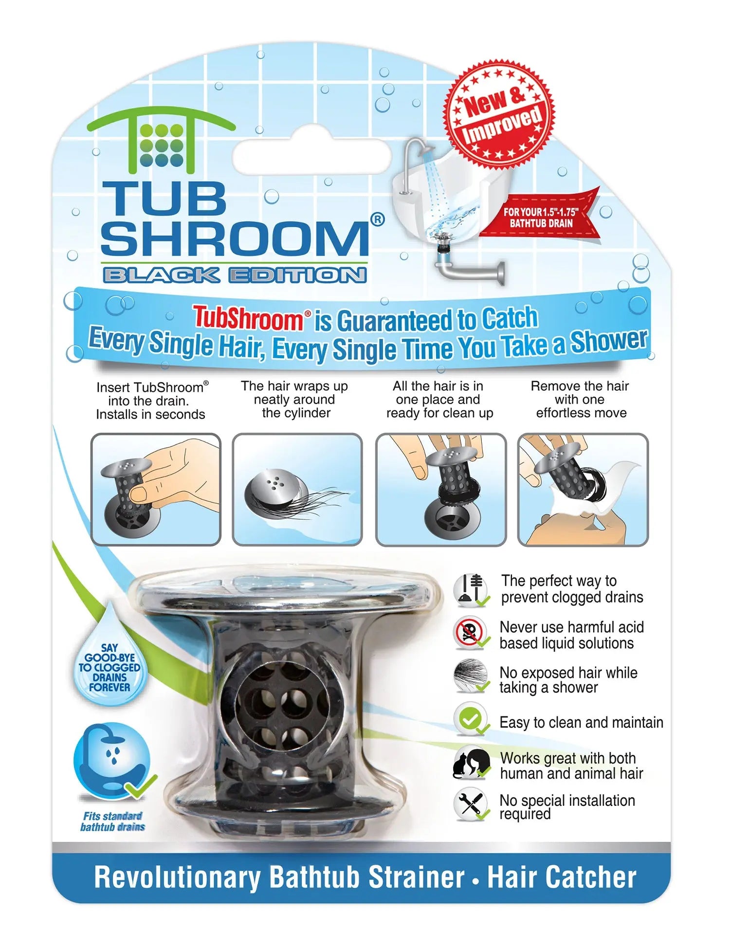 TubShroom® (Black Chrome) The Hair Catcher That Prevents Clogged Tub Drains-0
