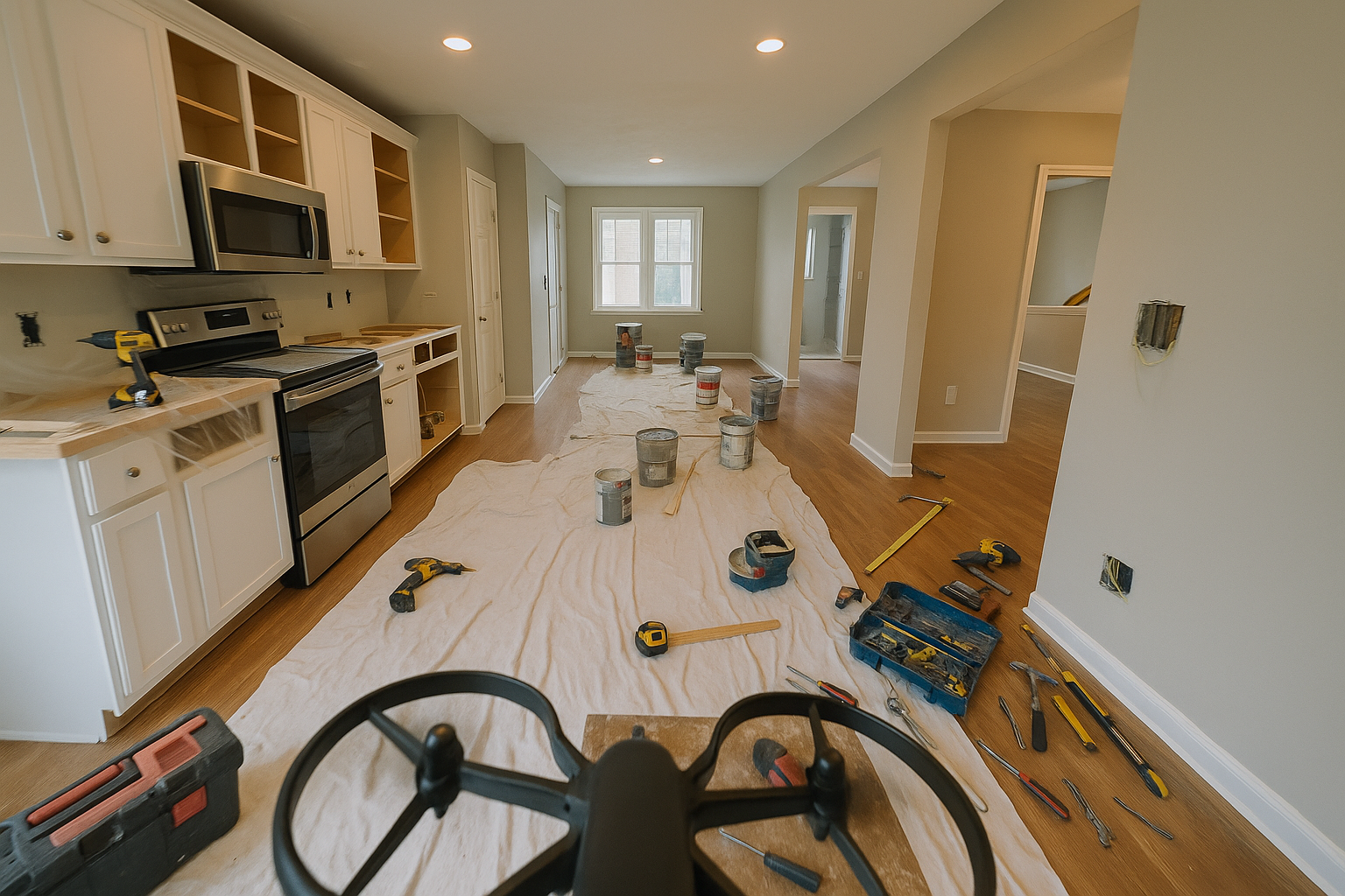 a video of a drone flying through a house that has a number of projects going on . the projects are small repairs ,upgrades, small remodel s like cabinets or appliances. we are looking through the eyes of the drone and and it is scanning through the house looking at said projects. also show tools and tool boxes in the scanning